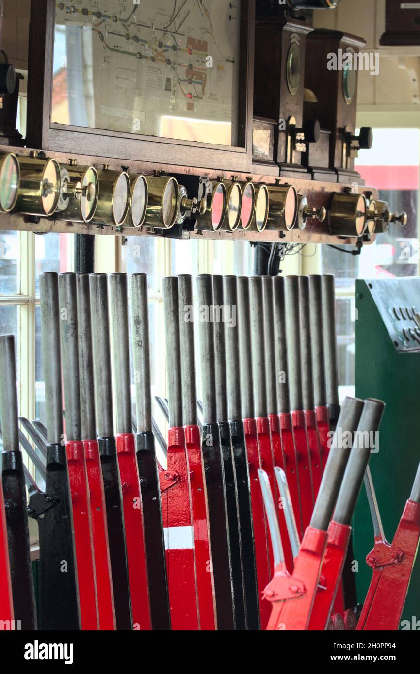 View Inside A Signal Box At Moors Valley Miniature Railway Showing Levers For Controlling Signals And Points, UK Stock Photo