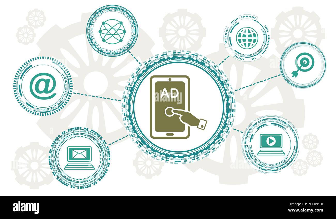 Concept of advertising with connected icons Stock Photo - Alamy