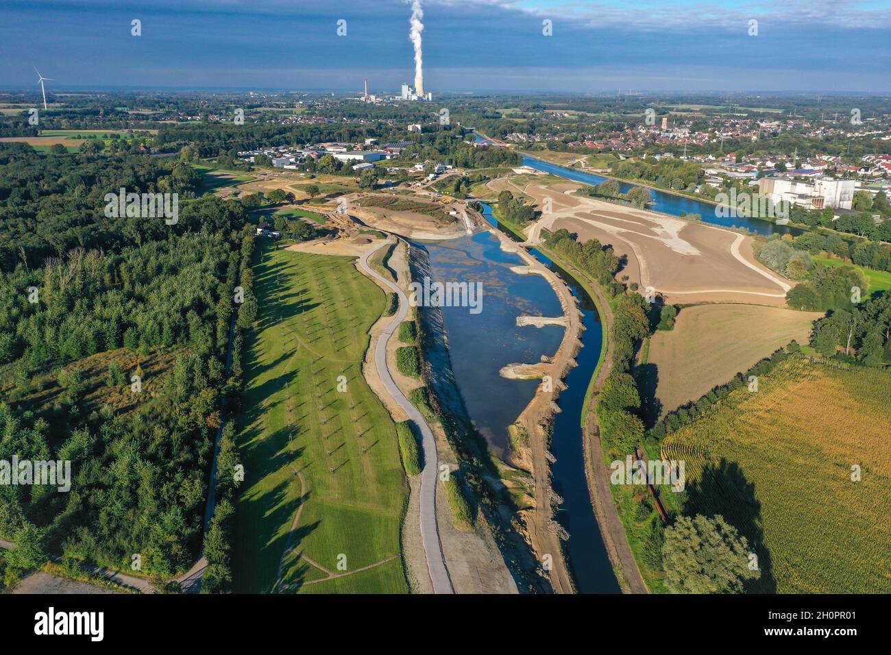 Recklinghausen, Castrop-Rauxel, North Rhine-Westphalia, Germany - Construction project EMSCHERLAND, a 37 hectare water and nature experience park at t Stock Photo
