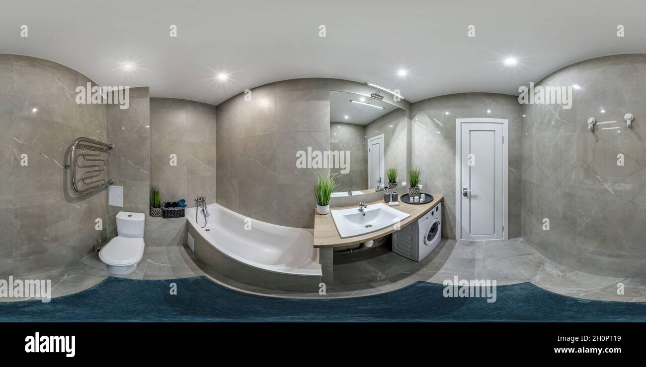 seamless 360 hdri panorama in interior of expensive bathroom in modern flat apartments with toilet and washbasin in equirectangular projection with ze Stock Photo