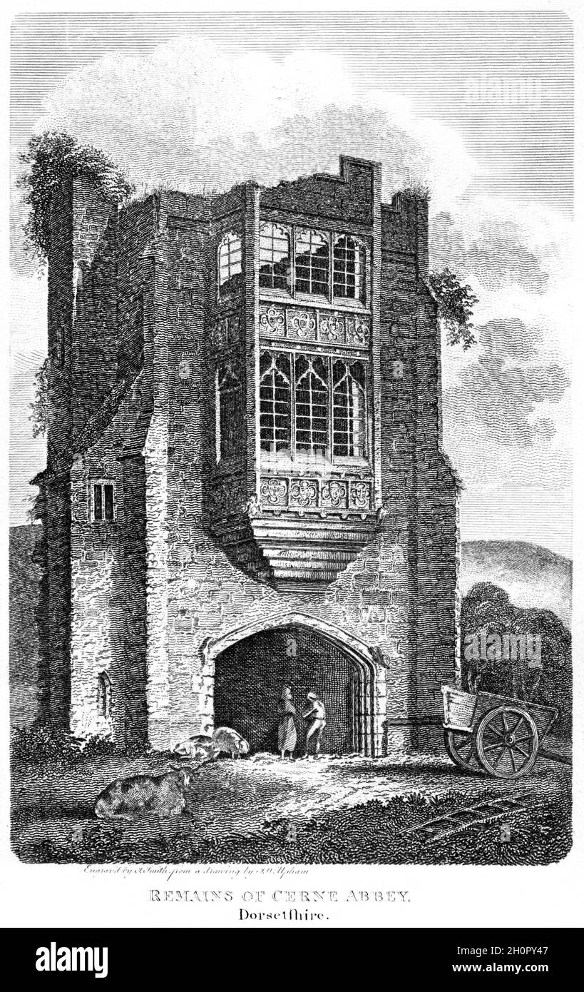 An engraving of the Remains of Cerne Abbey, Dorsetshire UK scanned at high resolution from a book printed in 1812. Believed copyright free. Stock Photo