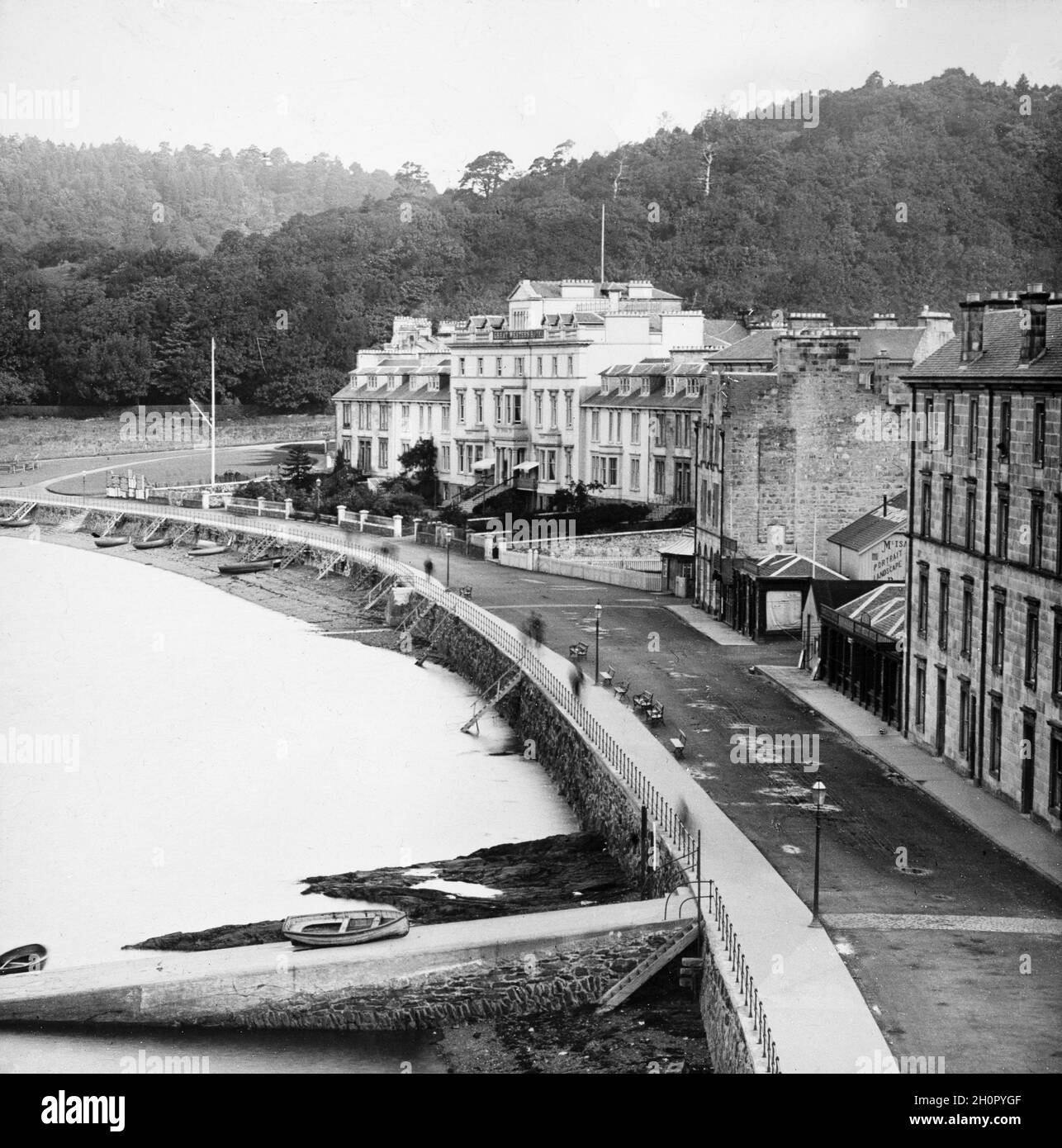 Vintage late Victorian black and white photograph of Oban in Scotland, with the Great Western Hotel. Stock Photo