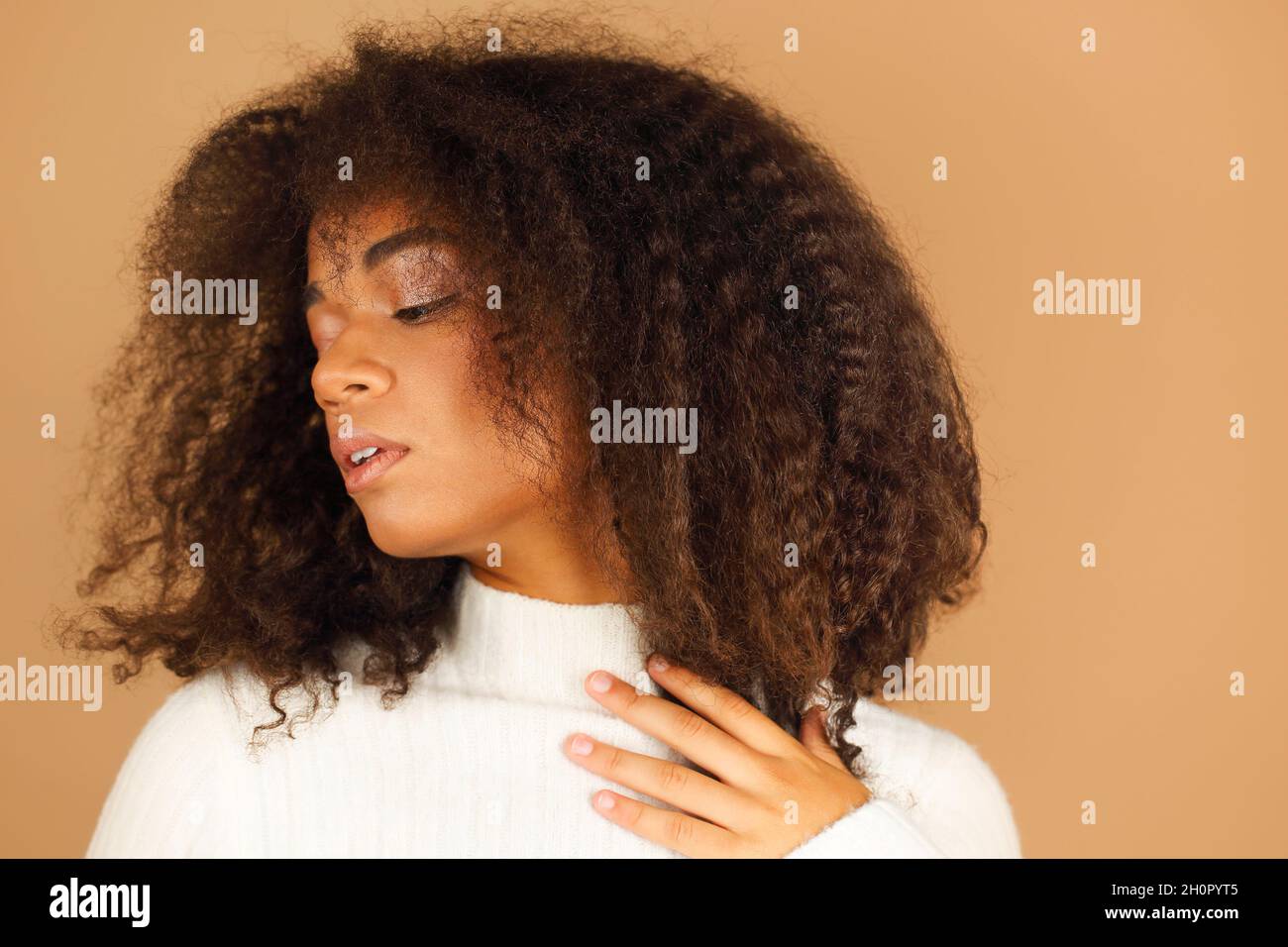 Portrait of gorgeous cheerful african american young woman with curly ...