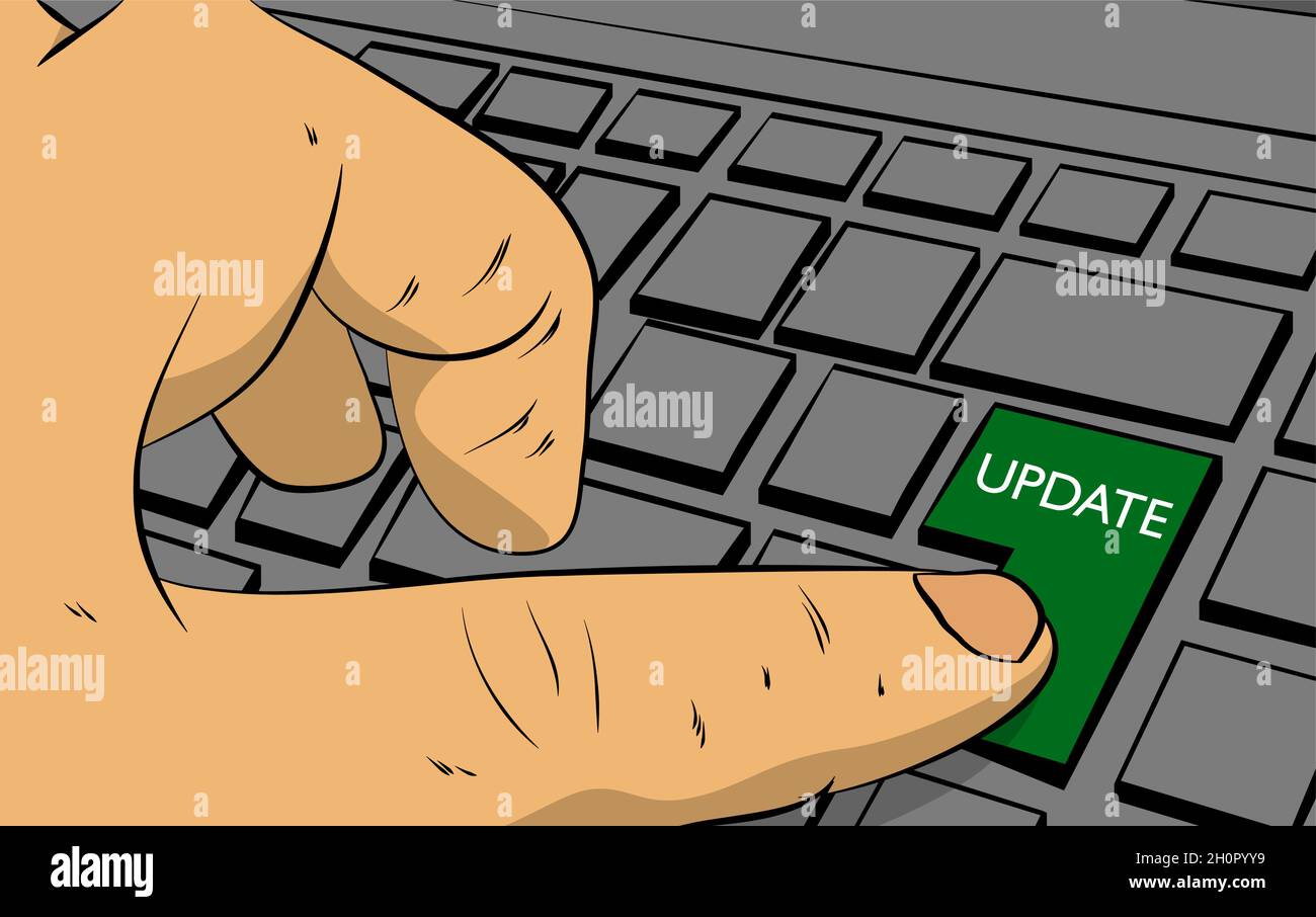 Update word on computer keyboard. Man push keypad on keyboard. Comic book style concept. Stock Vector