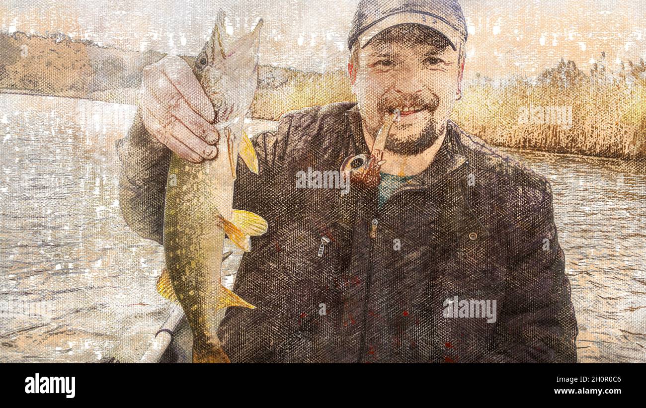 Portrait of a contented fisherman with his catch. A grown man with a