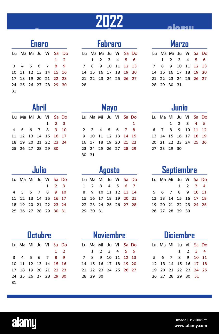 Vertical blue pocket calendar on 2022 year, spanish. Stock Vector