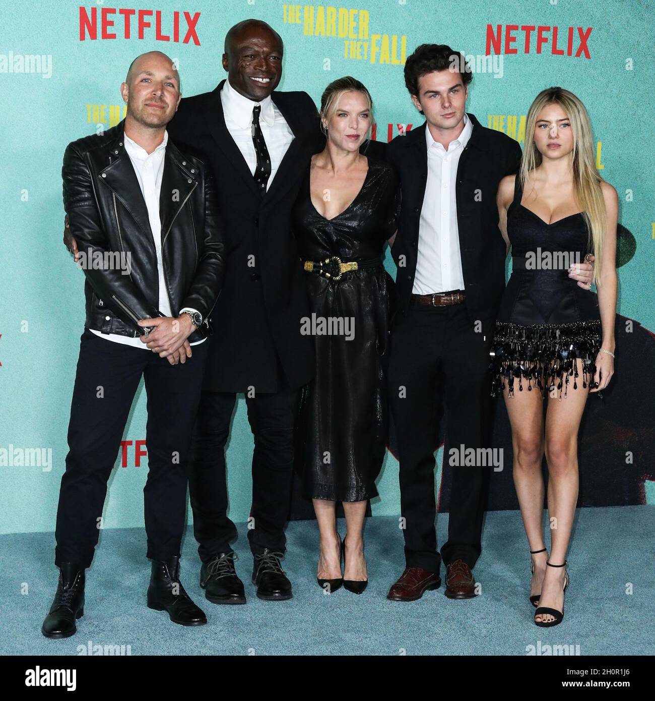 LOS ANGELES, CALIFORNIA, USA - OCTOBER 13: Singer-songwriter Seal (Henry Olusegun Adeola Samuel), girlfriend Laura Strayer, Aris Rachevsky and model Leni Olumi Klum arrive at the Los Angeles Premiere Of Netflix's 'The Harder They Fall' held at the Shrine Auditorium and Expo Hall on October 13, 2021 in Los Angeles, California, United States. (Photo by Xavier Collin/Image Press Agency) Stock Photo