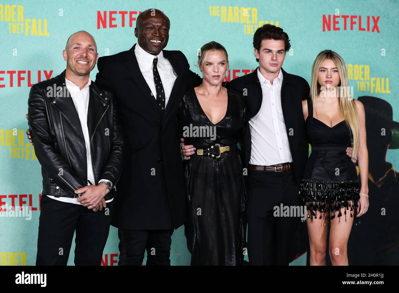 Los Angeles, United States. 13th Oct, 2021. LOS ANGELES, CALIFORNIA, USA - OCTOBER 13: Singer-songwriter Seal (Henry Olusegun Adeola Samuel), girlfriend Laura Strayer, Aris Rachevsky and model Leni Olumi Klum arrive at the Los Angeles Premiere Of Netflix's 'The Harder They Fall' held at the Shrine Auditorium and Expo Hall on October 13, 2021 in Los Angeles, California, United States. (Photo by Xavier Collin/Image Press Agency) Credit: Image Press Agency/Alamy Live News Stock Photo