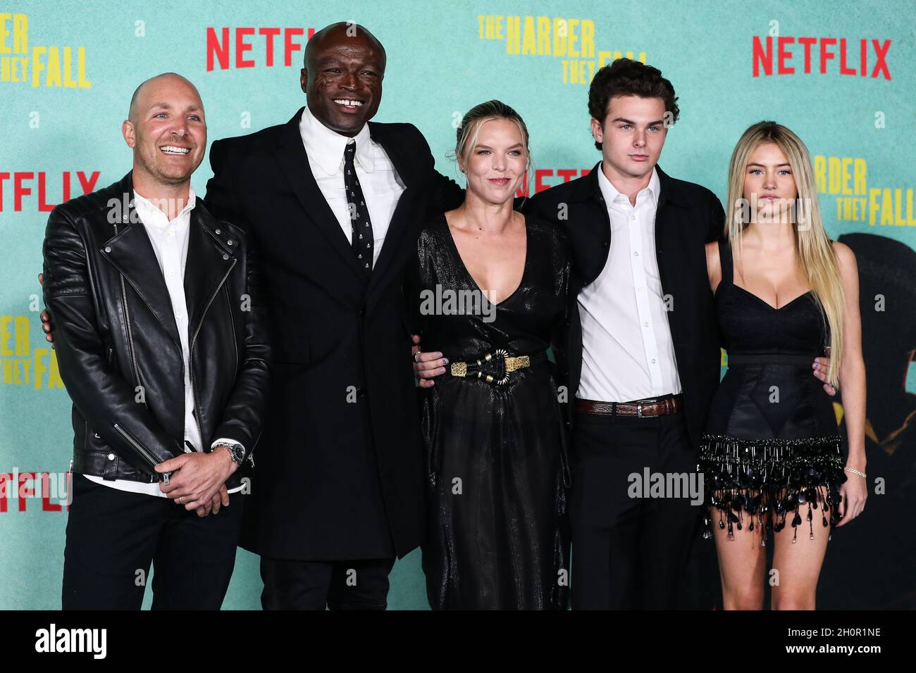 Los Angeles, United States. 13th Oct, 2021. LOS ANGELES, CALIFORNIA, USA - OCTOBER 13: Singer-songwriter Seal (Henry Olusegun Adeola Samuel), girlfriend Laura Strayer, Aris Rachevsky and model Leni Olumi Klum arrive at the Los Angeles Premiere Of Netflix's 'The Harder They Fall' held at the Shrine Auditorium and Expo Hall on October 13, 2021 in Los Angeles, California, United States. (Photo by Xavier Collin/Image Press Agency) Credit: Image Press Agency/Alamy Live News Stock Photo