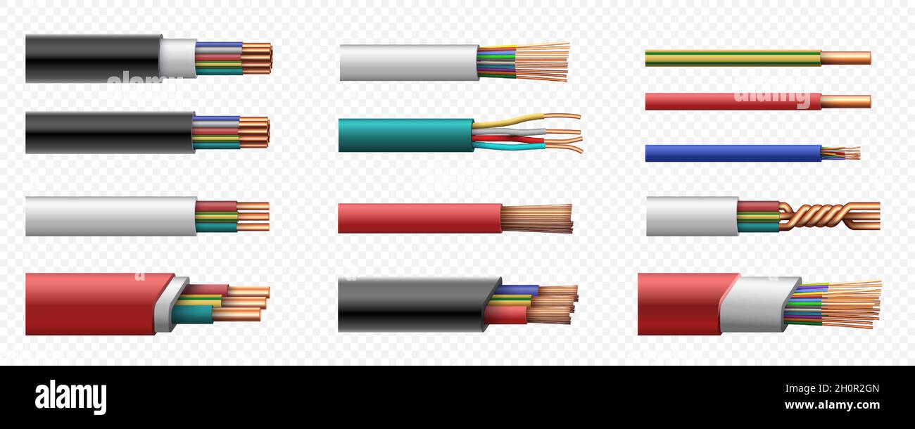 Realistic electric power coaxial cables with copper wire. 3d intertwined cable with plastic safety jacket. Conductor connection vector set Stock Vector