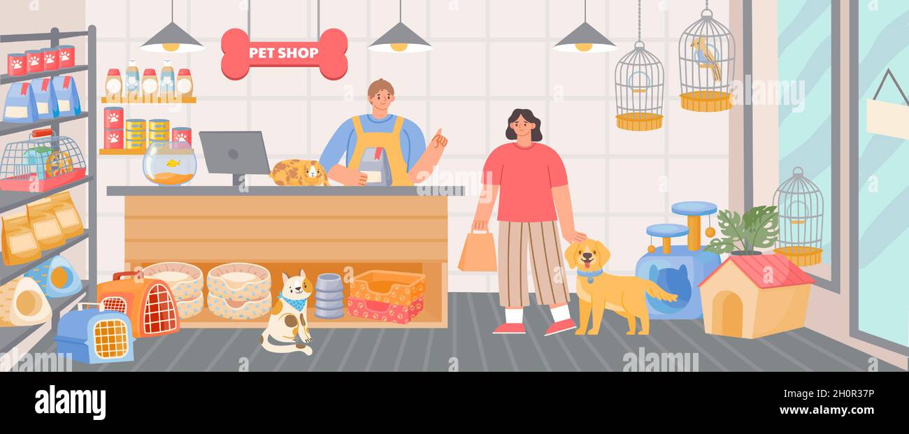 Pet shop inside interior with cashier and customer with dog. Animal