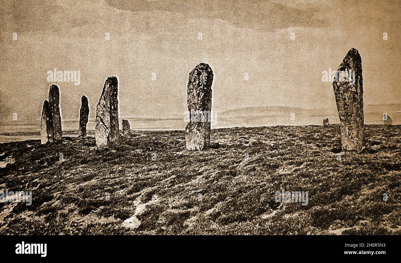 The Ring Of Brogar  (also known as the Ring of Brodgar, Brogar & Ring o' Brodgar)  standing stones, Orkney, Scotland , as they were in 1908. The  Neolithic henge and stone stand on   Mainland, Orkney island  constitutes the only major henge in Britain built as an almost  perfect circle.  nearby in the region are numerous stone circles ,  chambered tombs,  standing stones, barrows, cairns and mounds Stock Photo