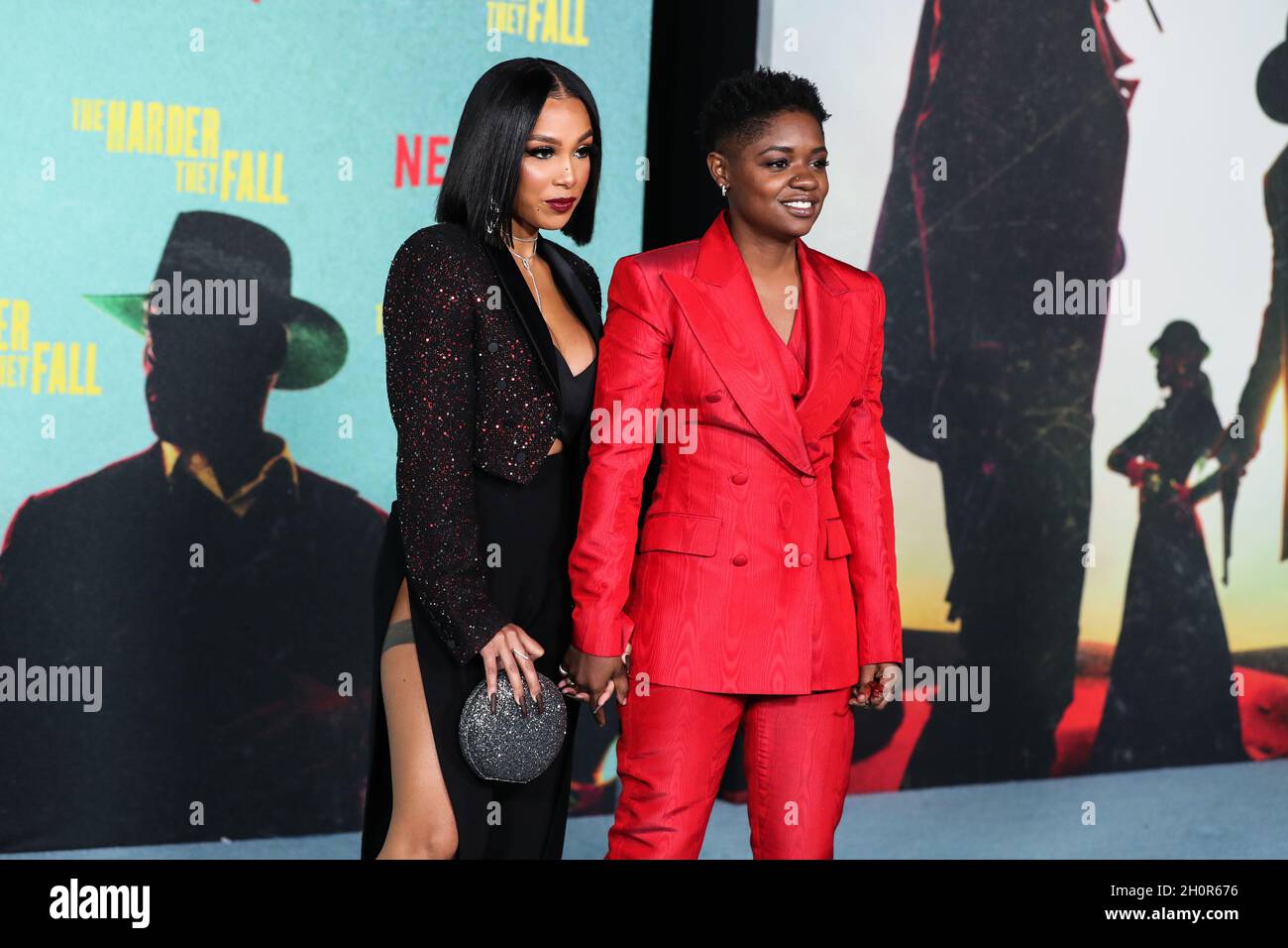 Los Angeles, United States. 13th Oct, 2021. LOS ANGELES, CALIFORNIA, USA - OCTOBER 13: Chris Amore and actress/rapper Bre-Z (Calesha Murray) arrive at the Los Angeles Premiere Of Netflix's 'The Harder They Fall' held at the Shrine Auditorium and Expo Hall on October 13, 2021 in Los Angeles, California, United States. (Photo by Xavier Collin/Image Press Agency/Sipa USA) Credit: Sipa USA/Alamy Live News Stock Photo