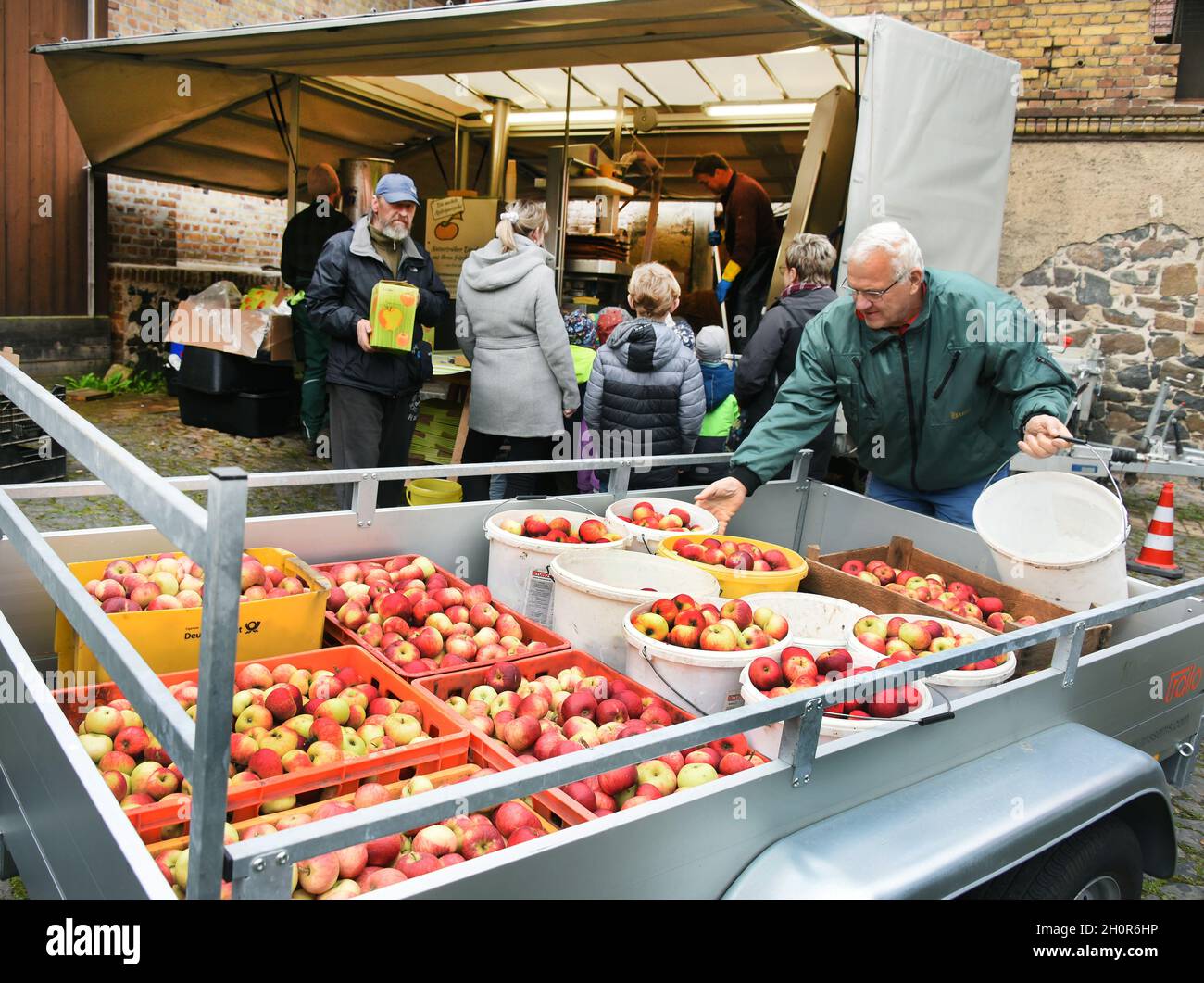 11 October 2021, Saxony, Fuchshain Bei Leipzig: A man loads his harvested apples from the trailer in front of a mobile apple crusher, which the Leipzig garden and landscape builder Andreas Richter has set up for a day on a farm in Fuchshain near Leipzig. In front of the eyes of his customers, the small fruit factory on wheels will be processing the vitamin-rich fruit into naturally cloudy direct juice in various locations until the end of October and can then be taken home in 5-litre packs. With the mobile cidery, Andreas Richter wants to contribute to the preservation, but also to the replant Stock Photo