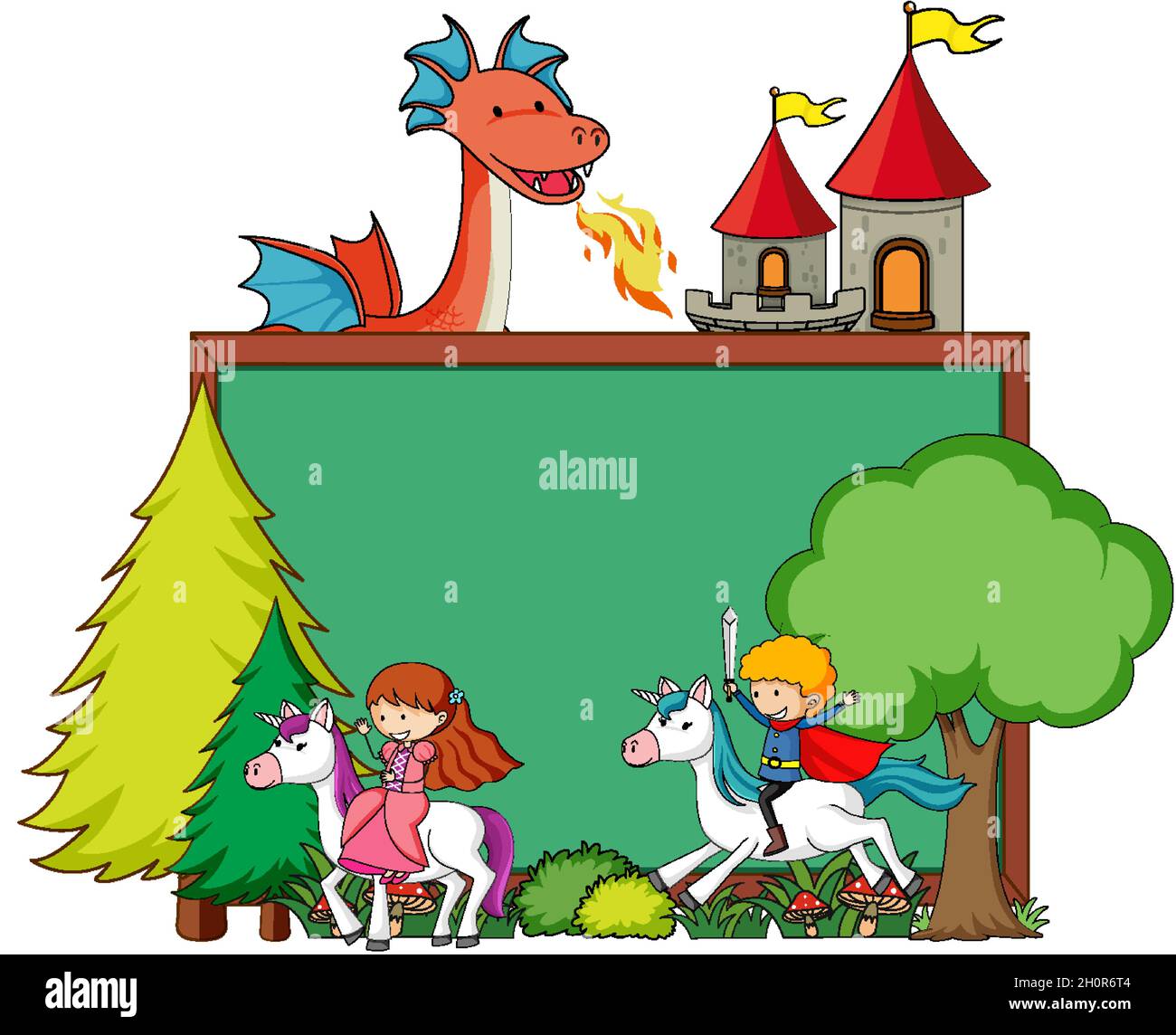 Empty chalkboard banner with fairy tale cartoon character and elements ...