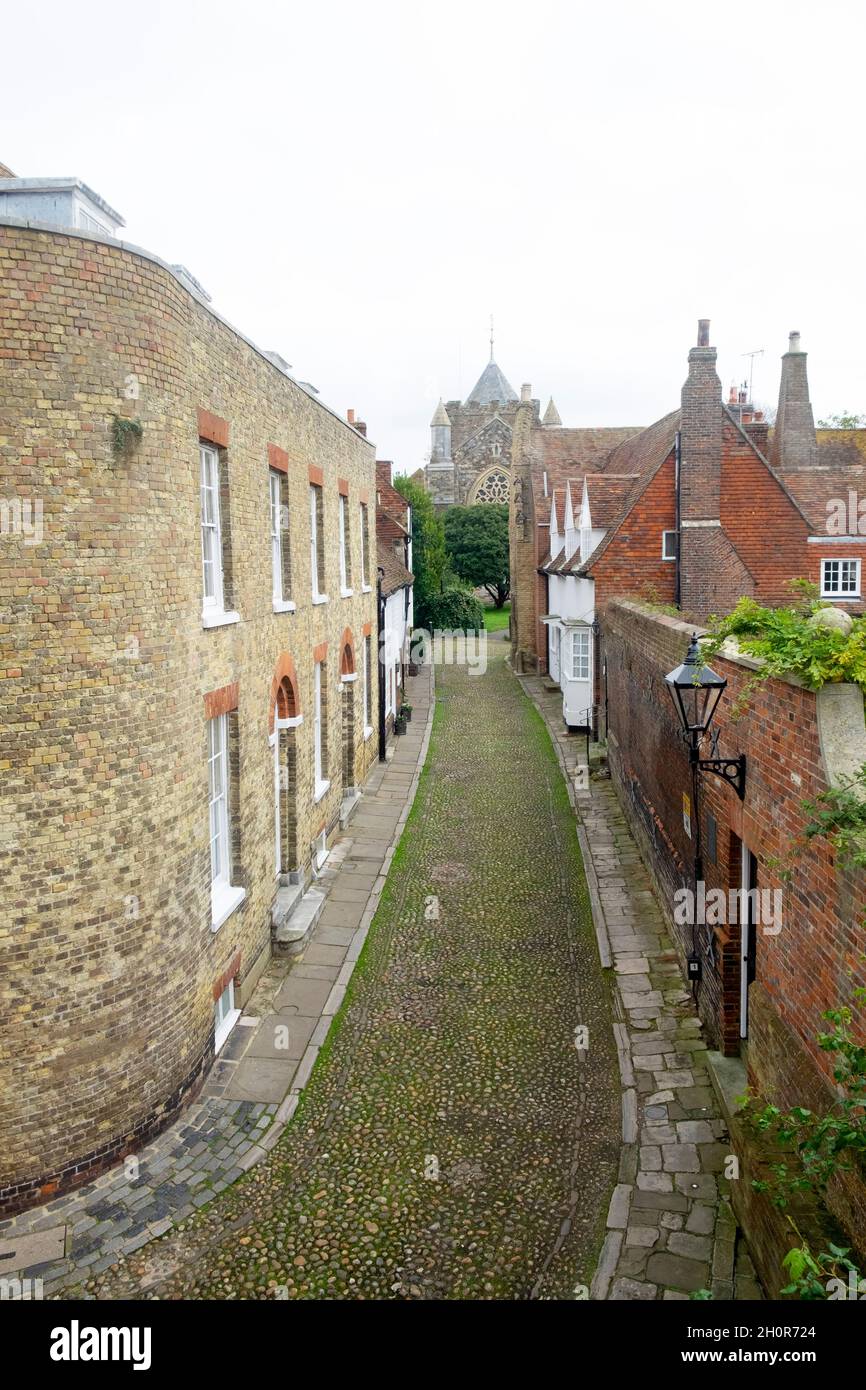 View along West Street to St Mary's church tower from US American author Henry James Lamb House in Rye East Sussex England Britain UK KATHY DEWITT Stock Photo
