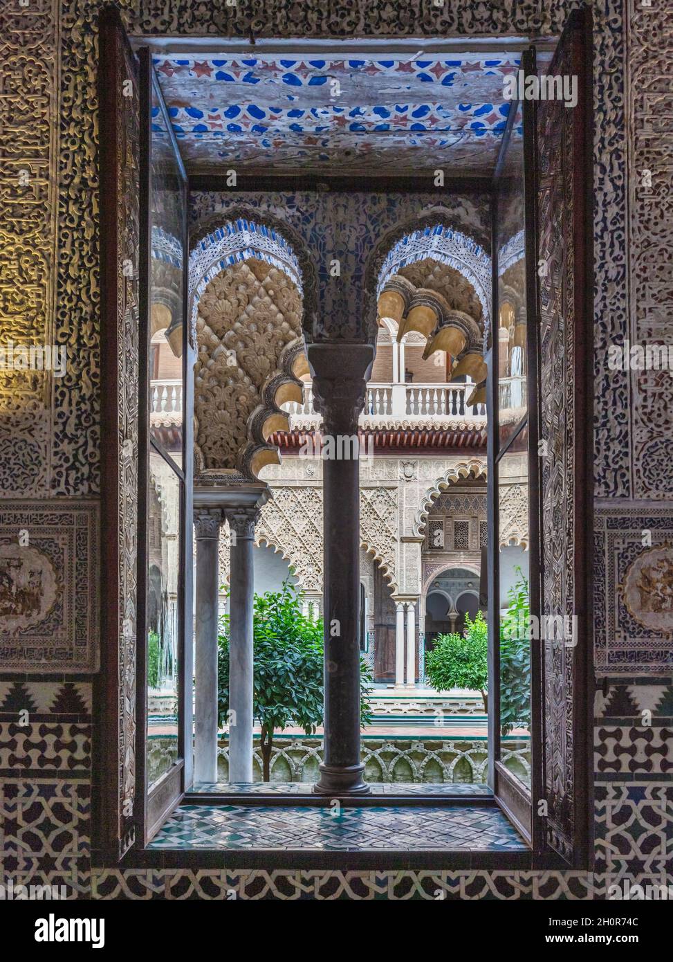 Patio de las Doncellas courtyard. The Reak Alcazar in Sevill, Spain. Stock Photo