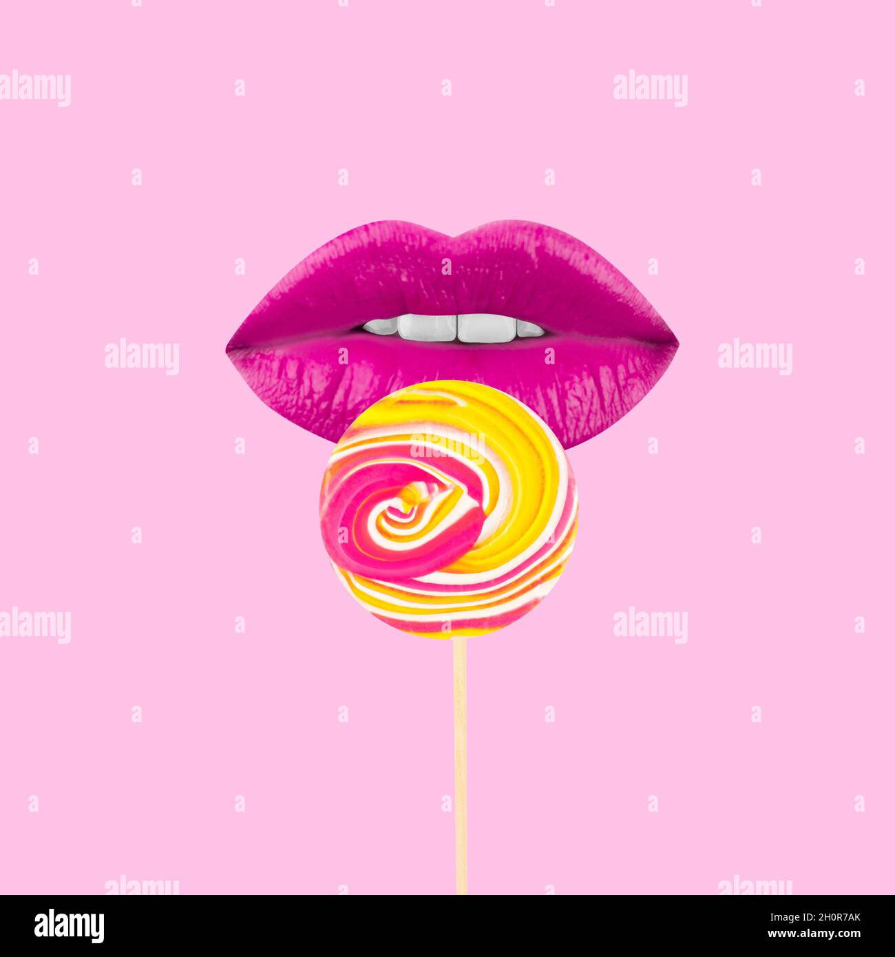 Colored Lollipop with pink lips оn a light pink background. Summer art collage. Valentine's background. Stock Photo