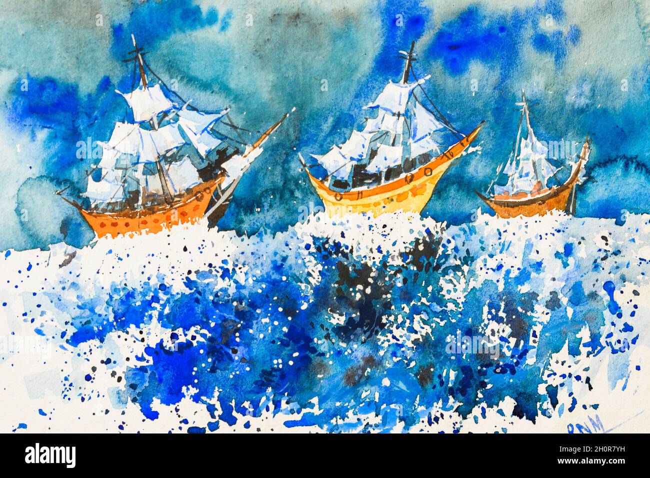 Vivid watercolor painting of a stormy sea with vessels on rough water ...