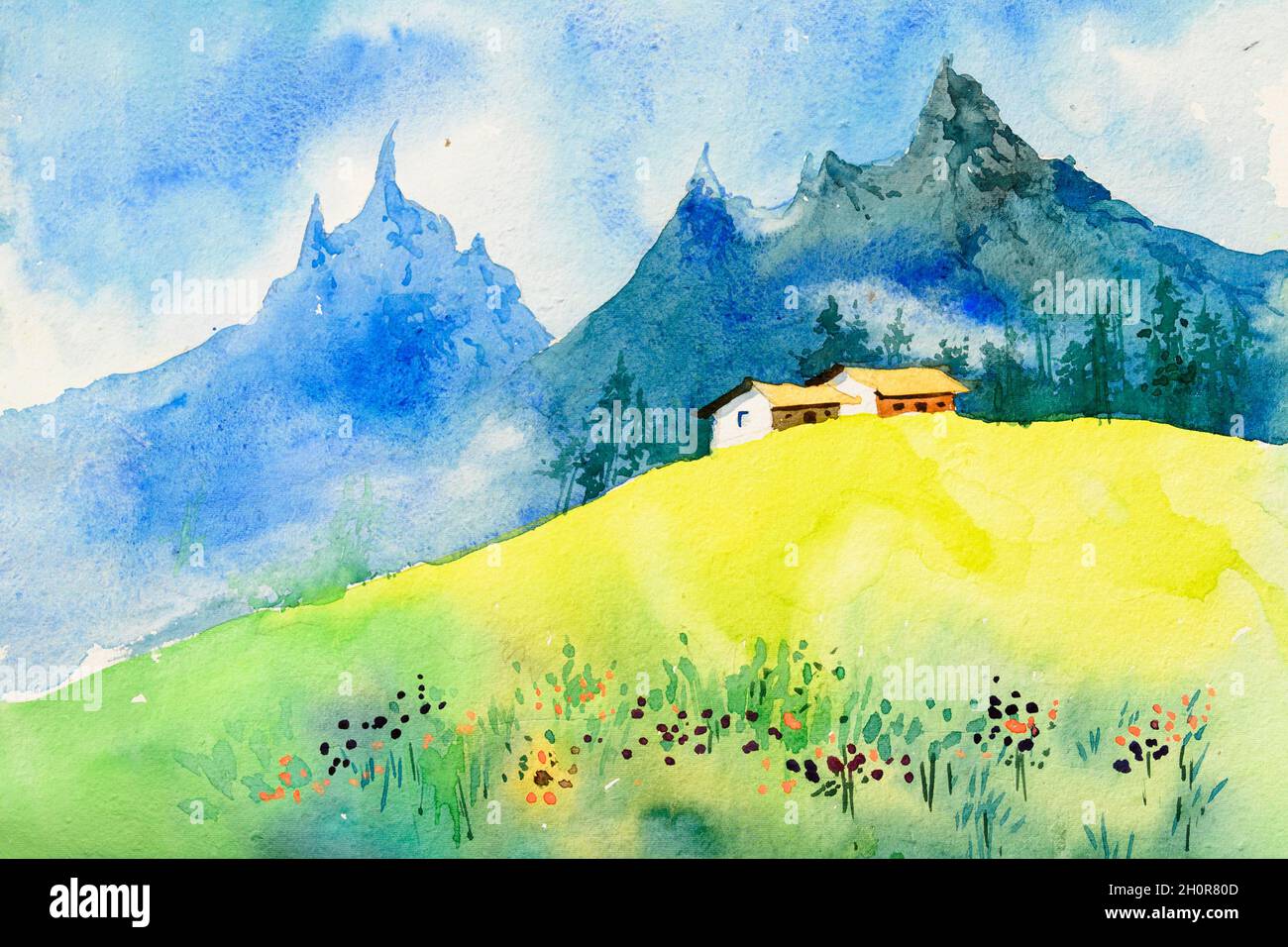 Nice watercolor painting of home on the top of a yellow field in the feet  of blue mountains. Hand painted watercolor illustration Stock Photo - Alamy