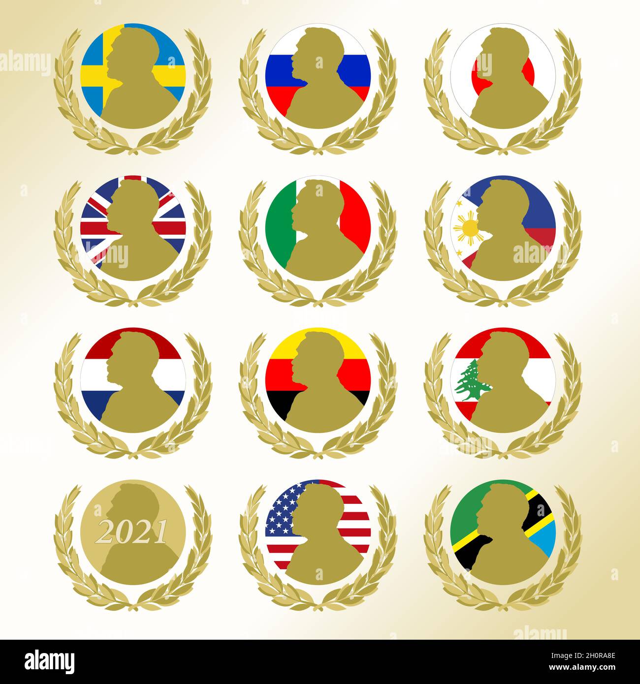 Nobel Prize symbols winners 2021 with national falgs, vector illustration Stock Vector