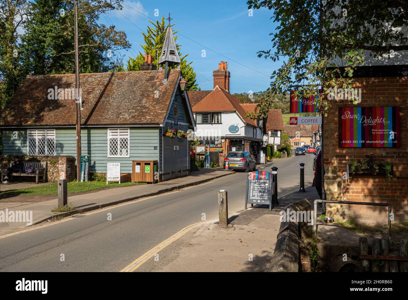 View along Middle Street in the pretty village of Shere in Surrey, England, UK Stock Photo