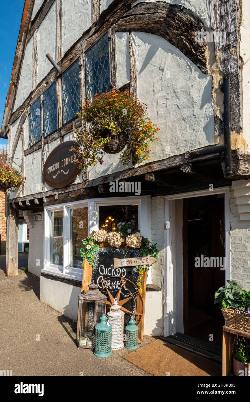 Shere village in Surrey, England, UK. A gift shop in a pretty timber-framed cottage. Stock Photo