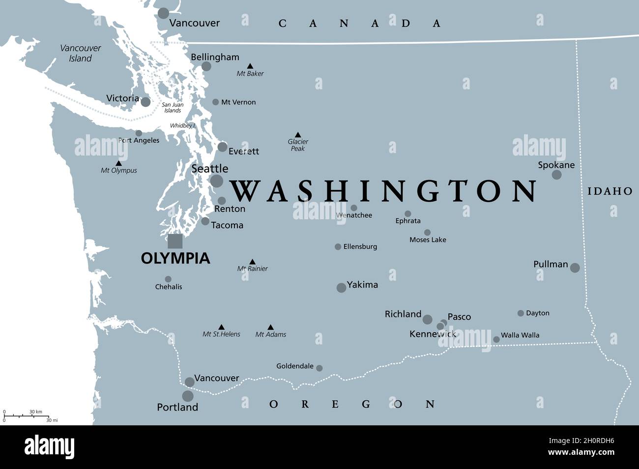 Washington, WA, gray political map, with capital Olympia. State in the Pacific Northwest region of the Western United States of America. Stock Photo