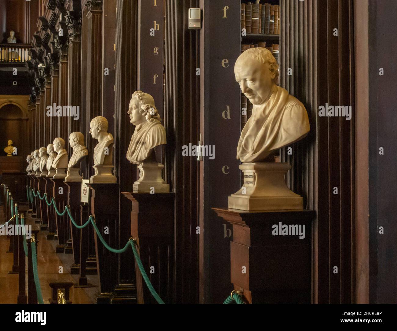 Busts of writers and philosophers at the Trinity College Long Room Library in Dublin Ireland