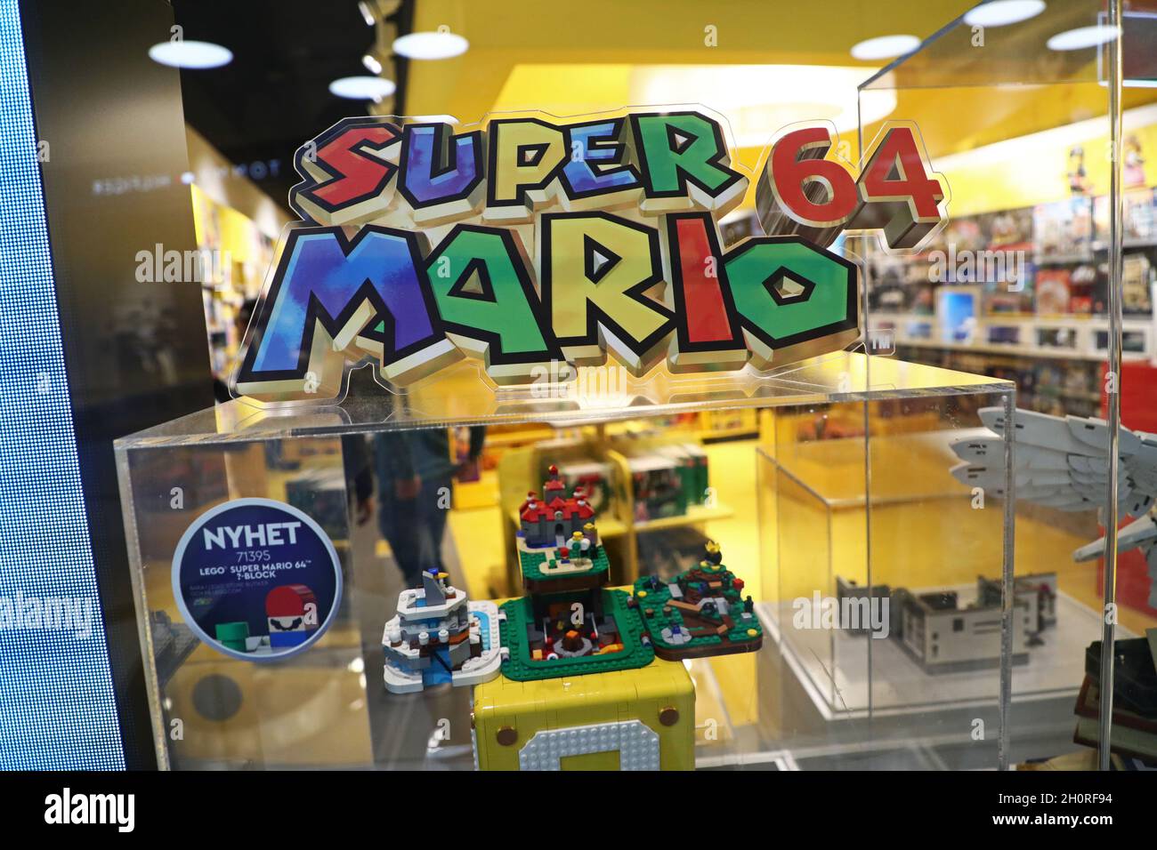 Super Mario 64 in a LEGO Store, Westfield Mall of Scandinavia in Solna, Stockholm, Sweden, during Sunday afternoon. Stock Photo