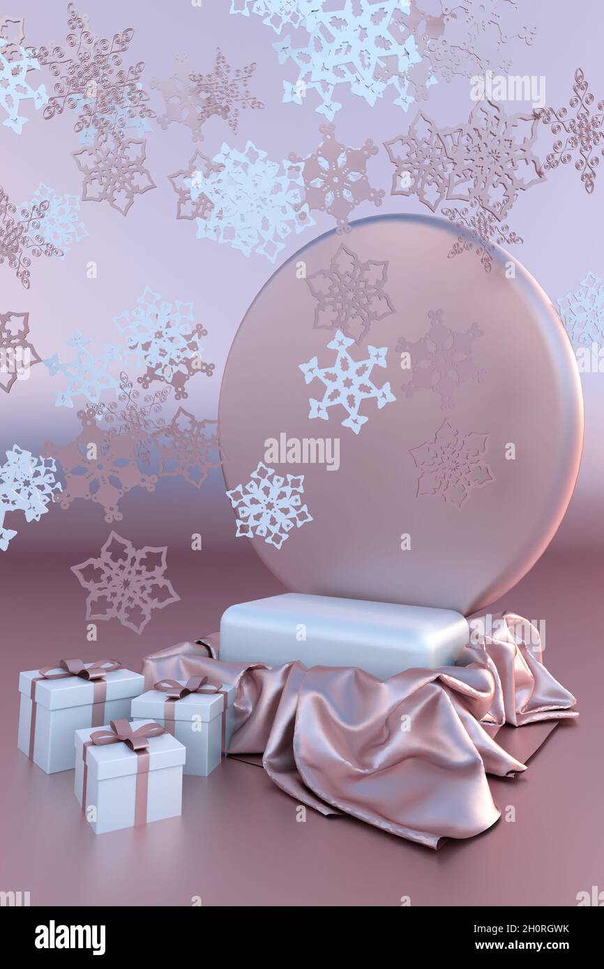 3d pastel pink Christmas studio, New Year concept presentation podium. Holiday background with festive Christmas balls and snowflakes. Mock up Stage. Stock Photo