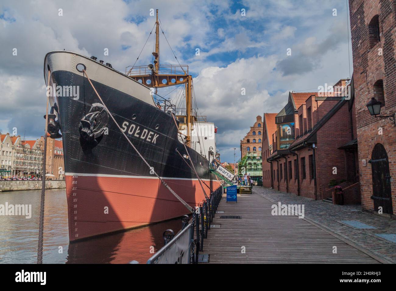 GDANSK, POLAND -  SEPTEMBER 2, 2016: SS Soldek ship on Motlawa river in Gdansk, Poland. She was the first ship built in Poland after World War II. Stock Photo