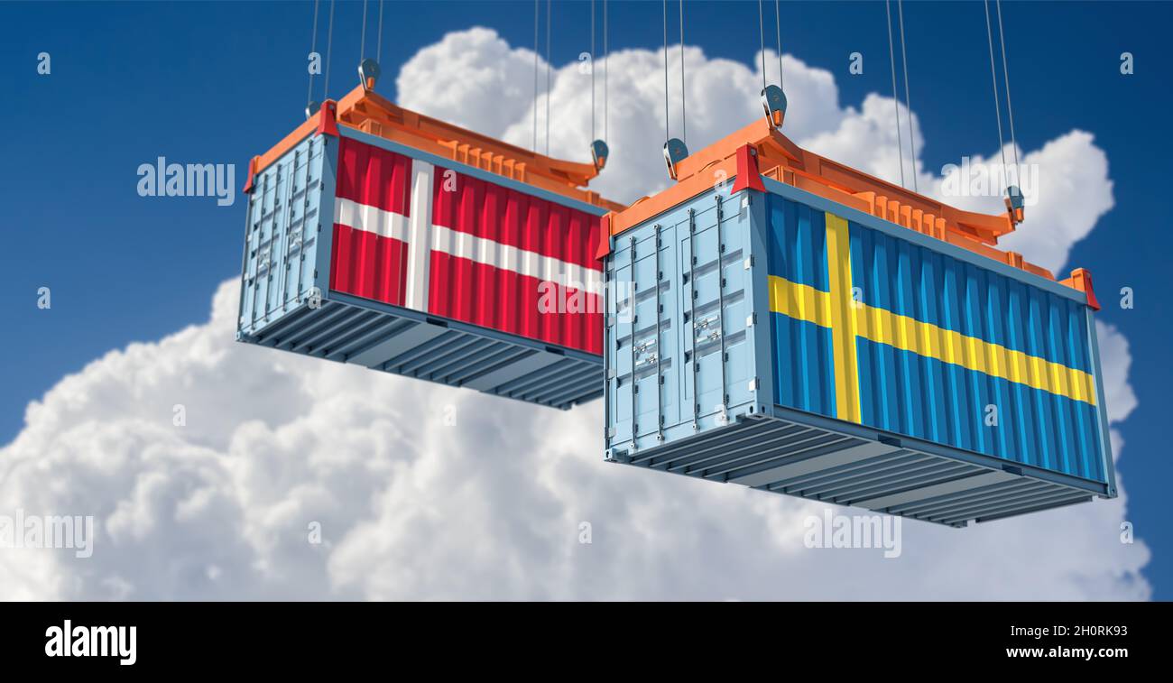 Shipping containers with Sweden and Denmark flag. 3D Rendering Stock