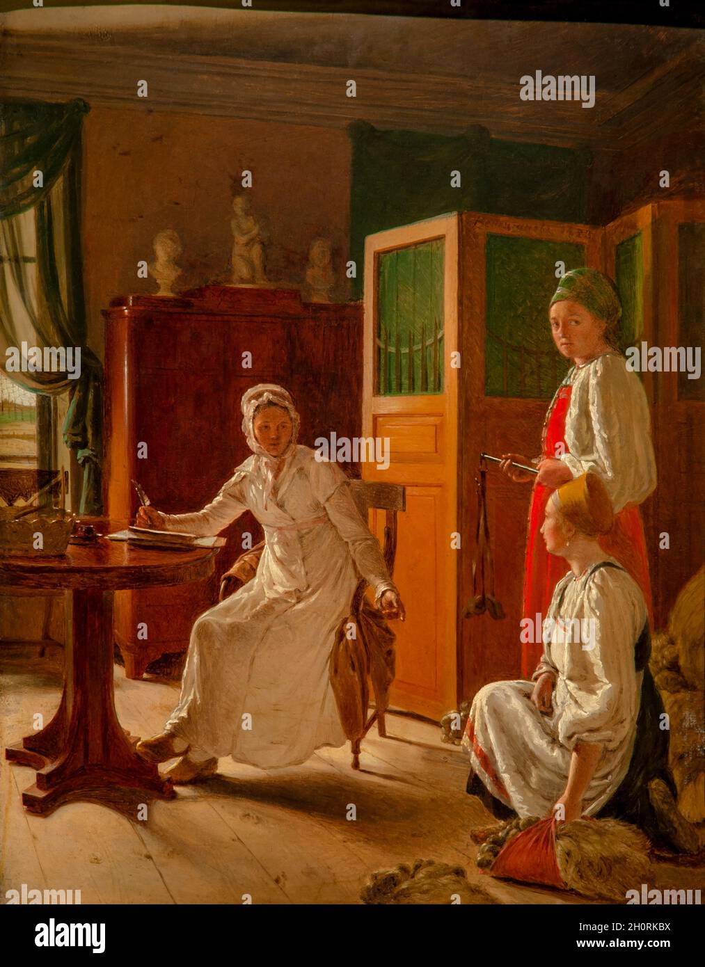 Art, Russian art,  Aleksej Gavrilovič Venecianov 1780 – 1847, title of the work, Morning of Landlady (Landlady engaged in household), 1823 oil on wood Stock Photo