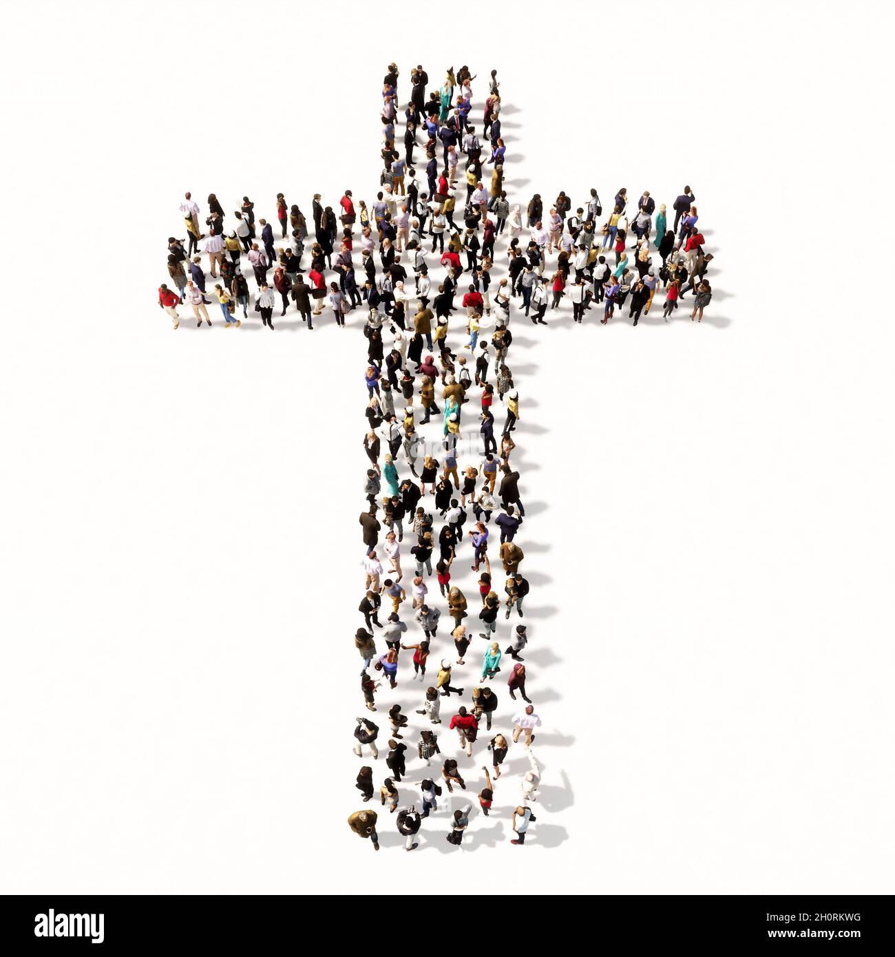 Concept or conceptual large community  of people forming the image of a religious christian cross. A 3d illustration metaphor for God, Christ Stock Photo