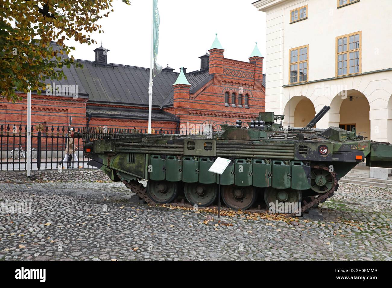 The Stridsvagn 103 (Strv 103), also known as the S-Tank outside the Swedish Army Museum in Stockholm, Sweden, during Sunday afternoon. The Swedish Army Museum (Swedish: Armémuseum) is a museum of military history located in the district of Östermalm in Stockholm. Stock Photo