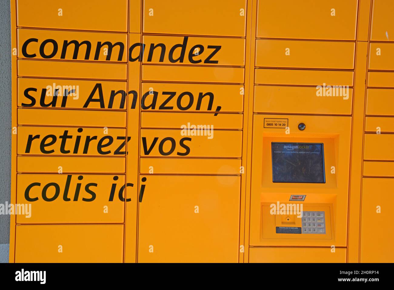 Amazon pick-up lockers before the Campanile hotel, Issoire, Puy-de-Dome, France Stock Photo