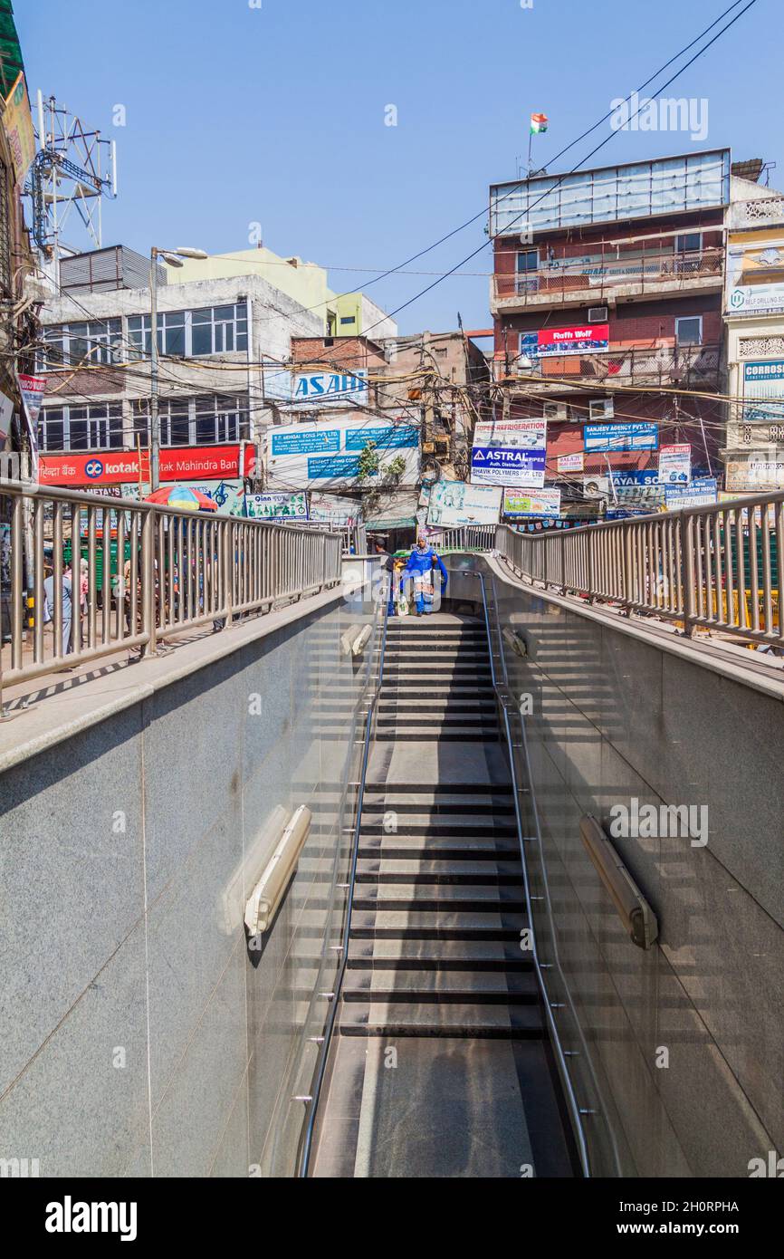 DELHI, INDIA OCTOBER 22, 2016 Chawri Bazar metro station entrance in