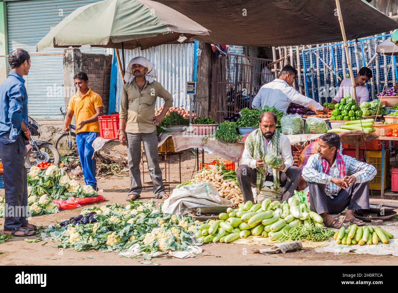 VARANASI, INDIA OCTOBER 25, 2016 View of street vegetable market in