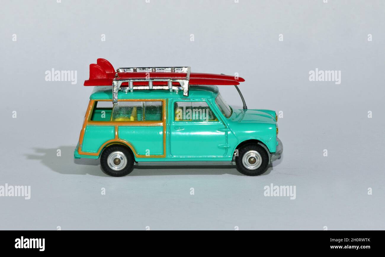 Diecast Model of Mini Clubman with Surfboards on the roof. Stock Photo