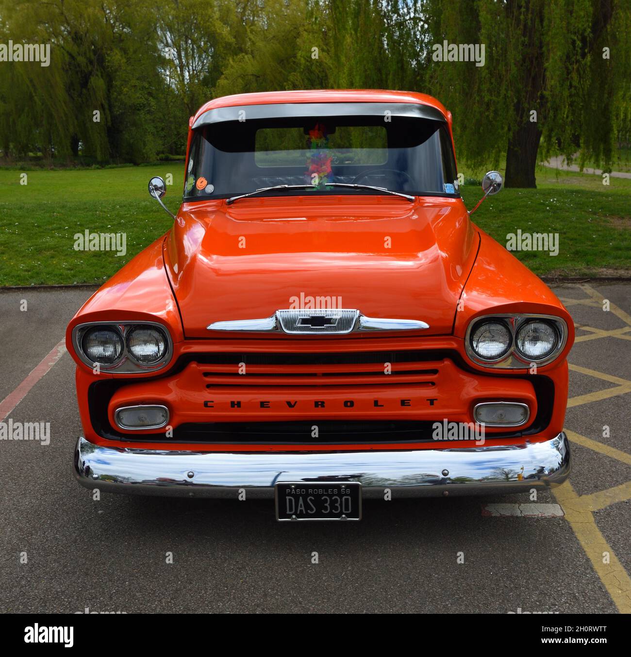 Vintage Stony 2018 - 1958 Chevrolet Apache pick-up - DAS 330 in Orange  view from front. Stock Photo
