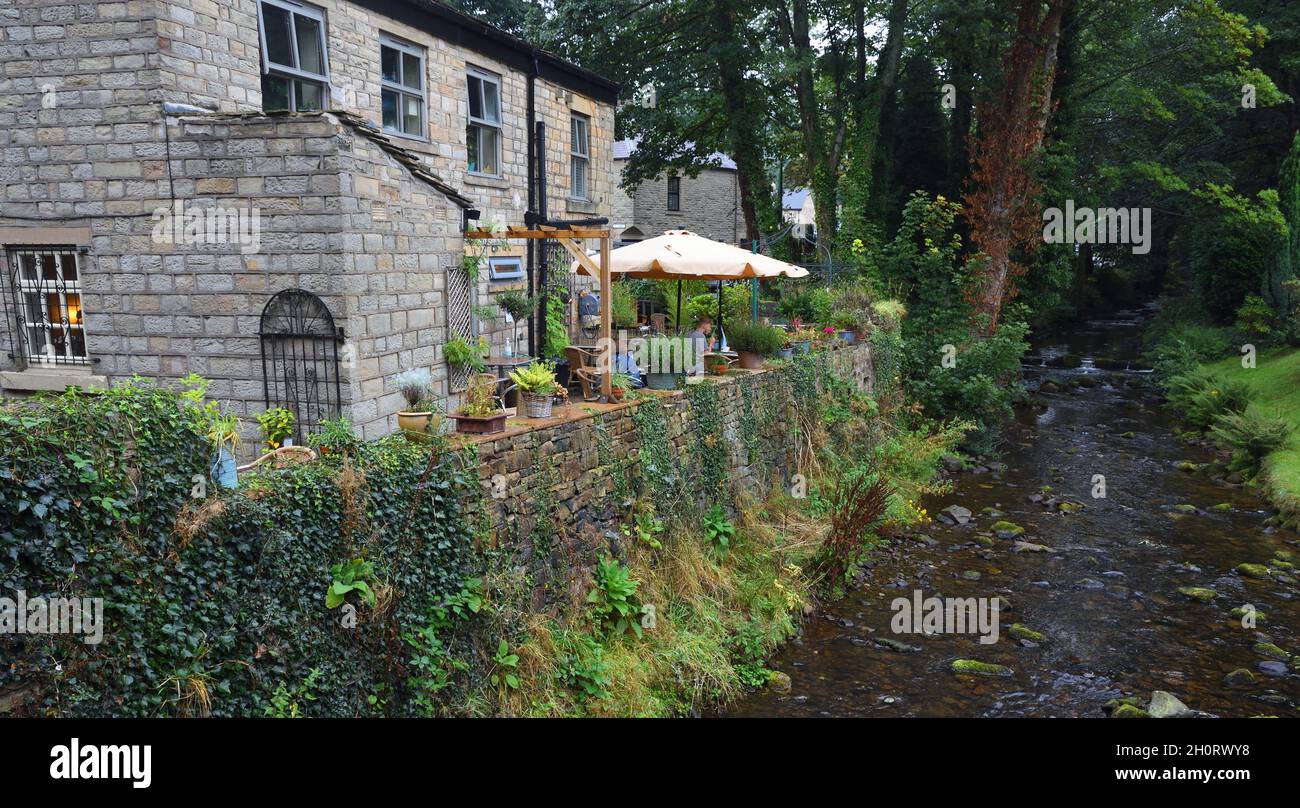 Stream wall and cafe Glossop Derbyshire England Stock Photo Alamy