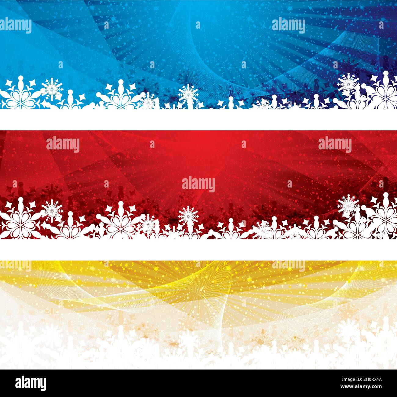 Abstract winter 3 color snowflakes banner background blue red gold Stock Vector