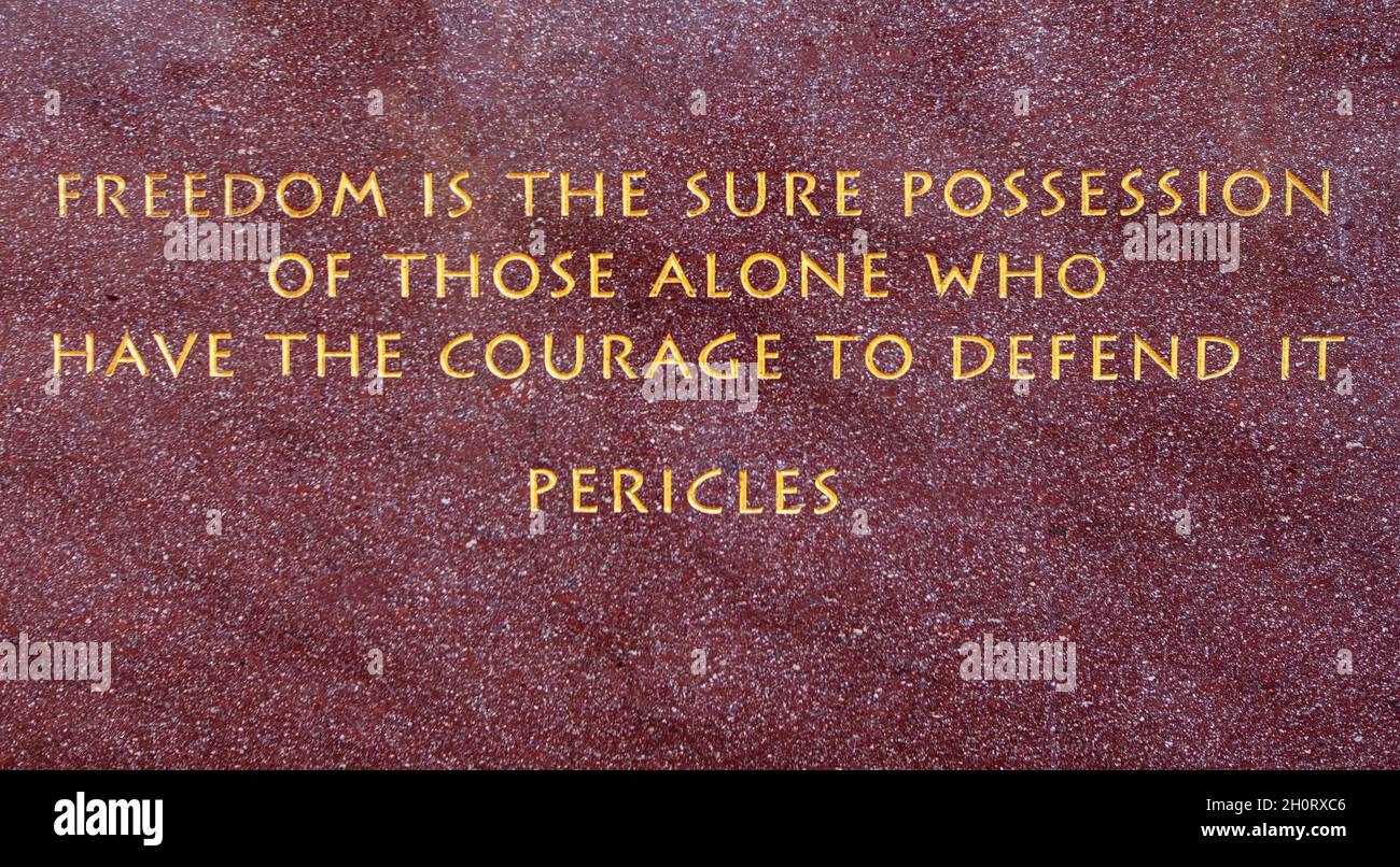 The Royal Air Force Bomber Command Memorial in The Green Park, London, designed by Liam O'Connor and Philip Jackson; Pericles quote about Freedom Stock Photo