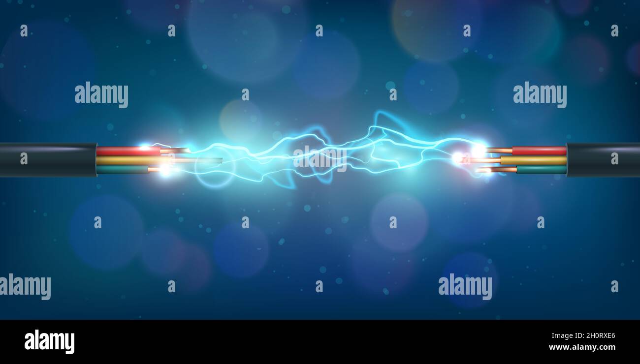 Copper power cable connection with glowing electrical spark. Colored