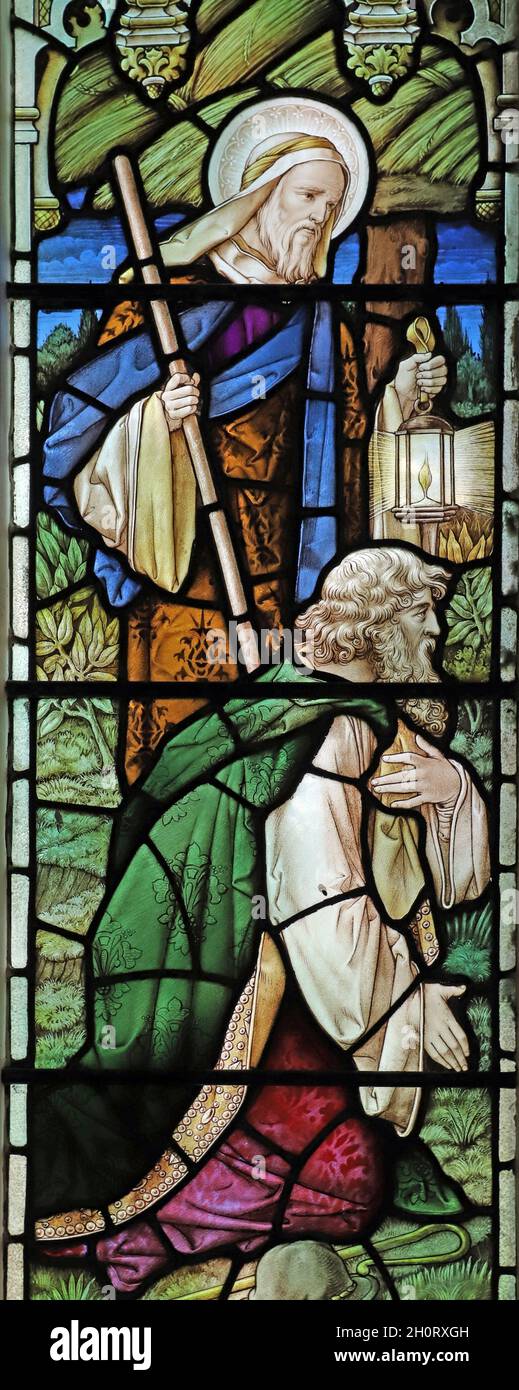 Stained glass window of 1922 by Percy Bacon depicting the Adoration of the Shepherds, St Swithun's Church, Sandy, Bedfordshire Stock Photo