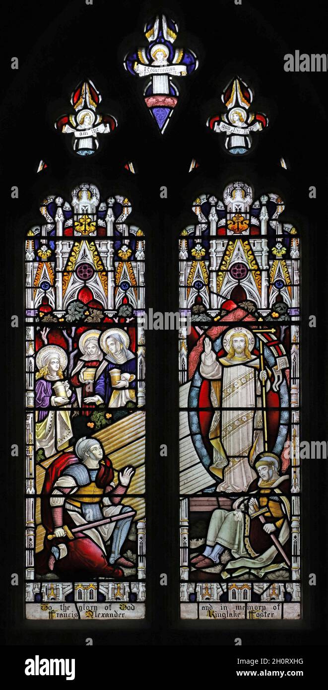 Stained glass window by Frederick Drake depicting The Resurrection of Christ, St Swithun's Church, Sandy, Bedfordshire Stock Photo