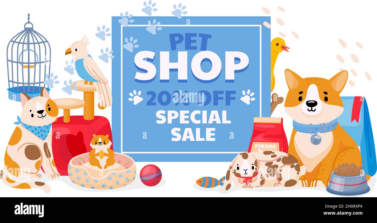 Pet shop sale banner with domestic animals, dog and cat. Zoo store flyer or discount coupon on accessories, toys and supplies vector concept Stock Vector