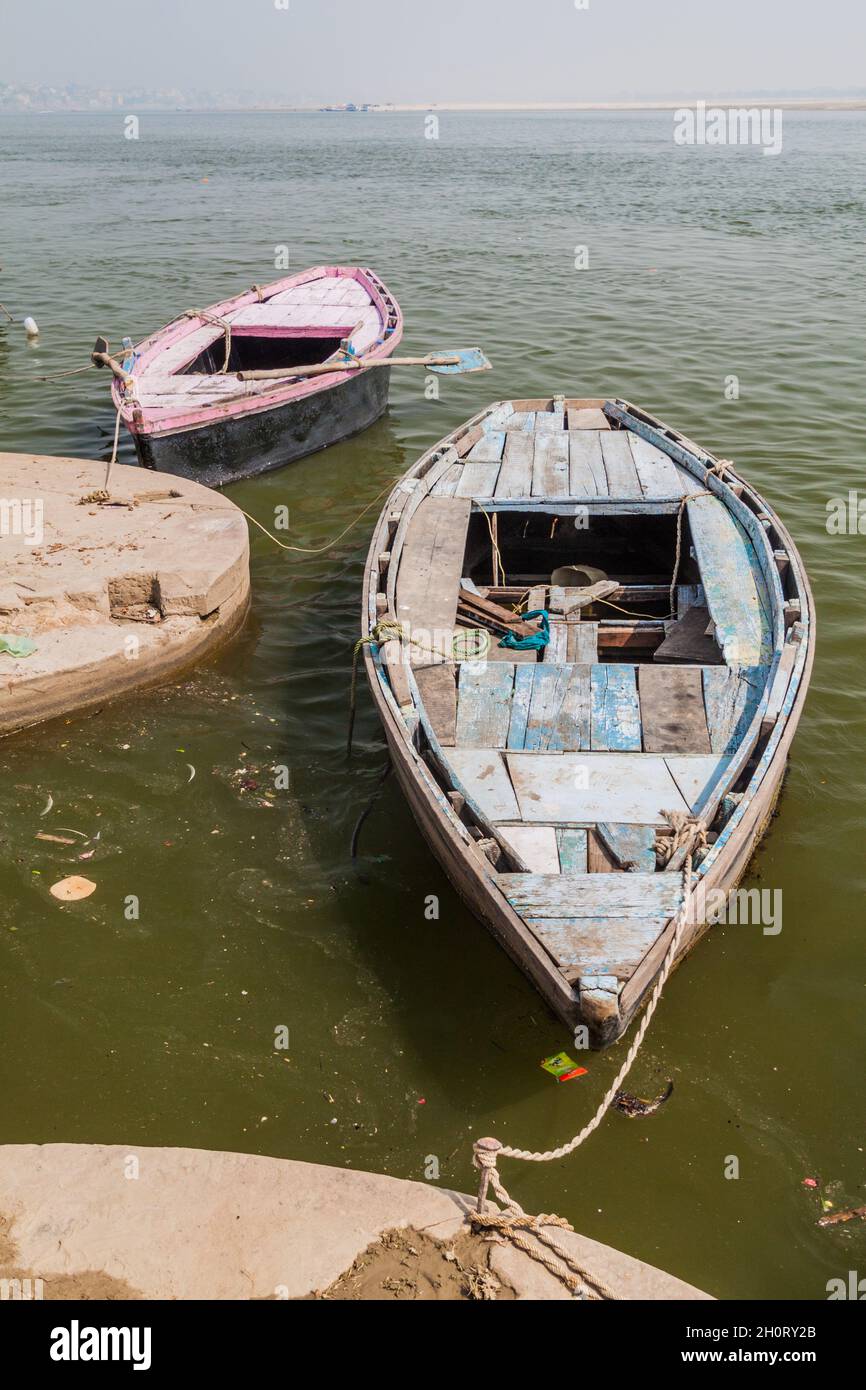 Small boats at River Ganges in Varanasi, India Stock Photo