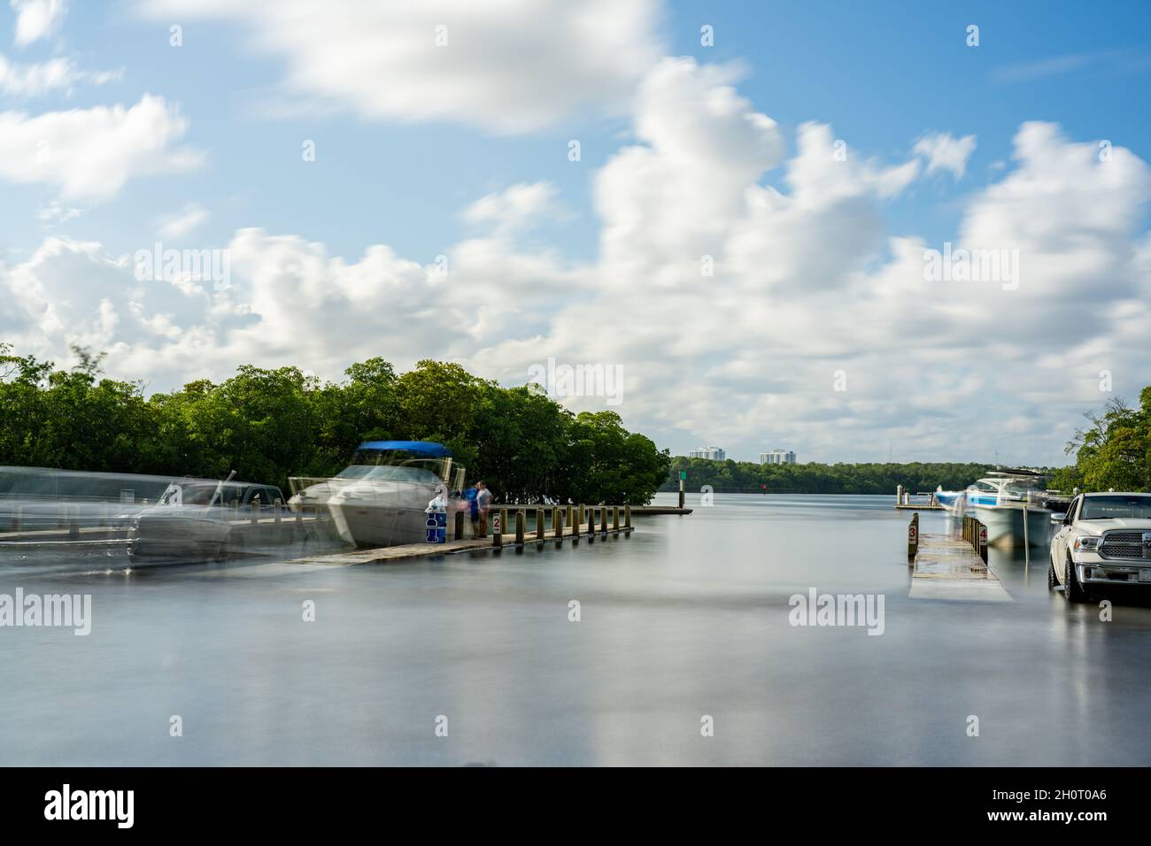 Miami Beach, FL, USA - October 13, 2021: Long exposure photo of Miami King Tide at Haulover Marina Stock Photo